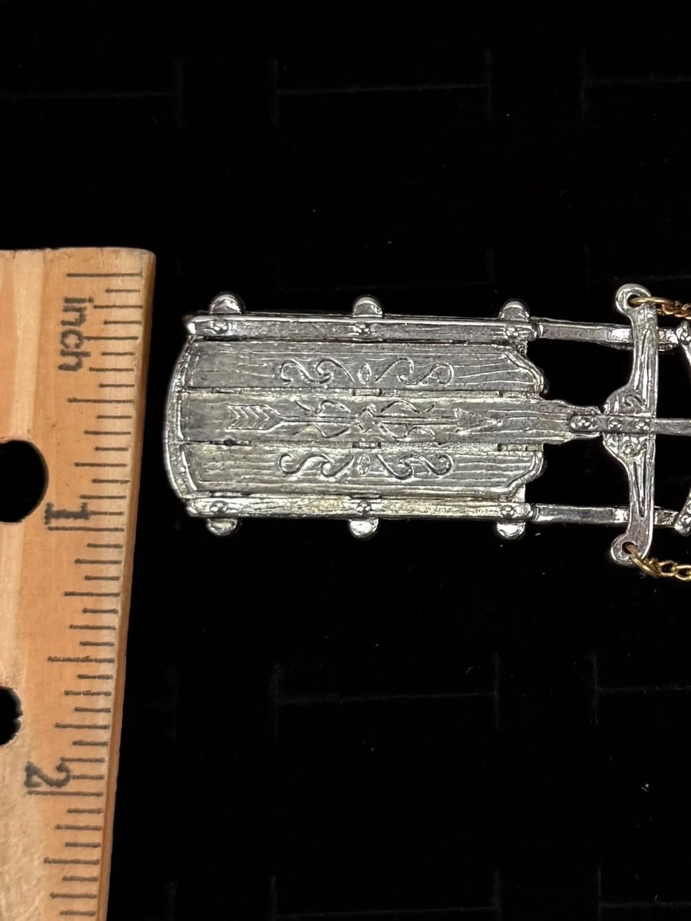 Vintage Silver Tone Sleigh Brooch Gold Chain Figural Winter Holiday Sled Pin
